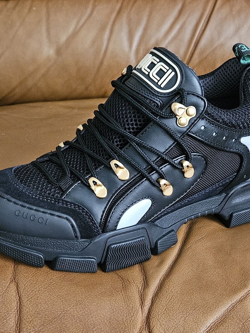 New Men's Gucci Flashtrek Black Leather Chunky Lace-Up Sneakers Size 6 - Picture 4 of 16